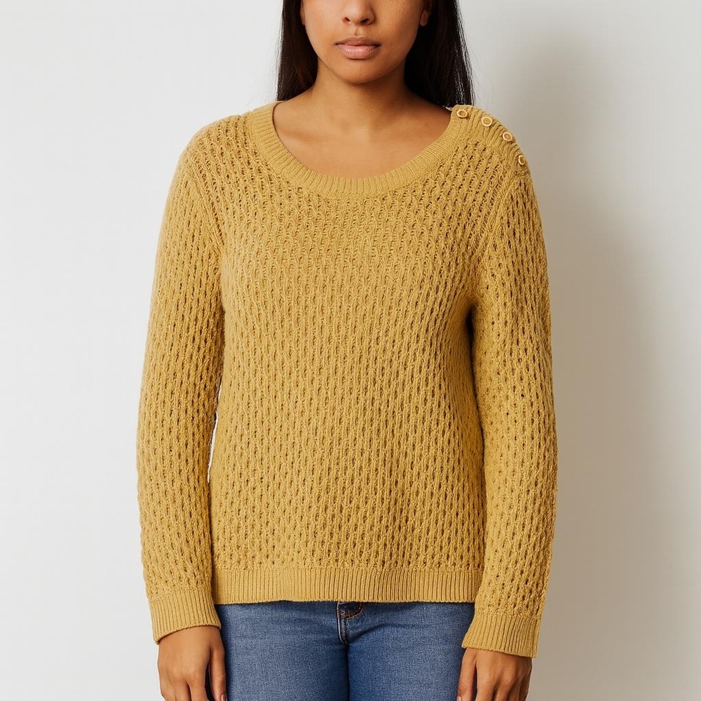 Talbots Neutral Cozy Knit Crewneck Sweater Button-Shoulder Textured Pullover - Picture 2 of 9